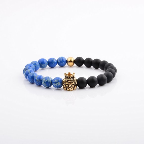 Kairos Gold Crown Matte Black Onyx & Imperial Jasper Bracelet #LTS0104 - Picture 1 of 4